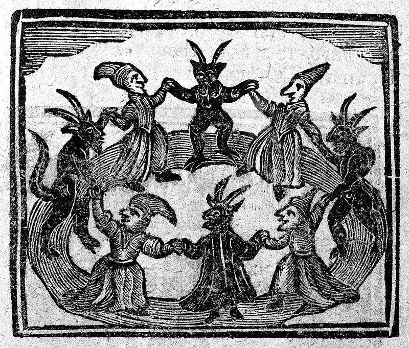 Ведьмы и демоны в хороводе. Из книги The History of Witches and Wizards (1720).