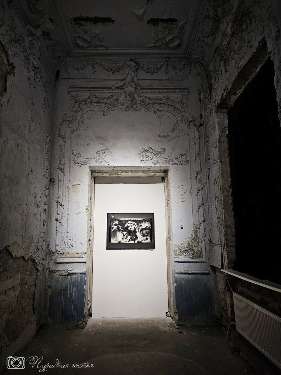 В Екатериринском собрании есть неотреставрированный зал. В нем разместили фотографию барельефа с Садовой улицы, который был некогда исписан граффити. Фото: Парадная гостья