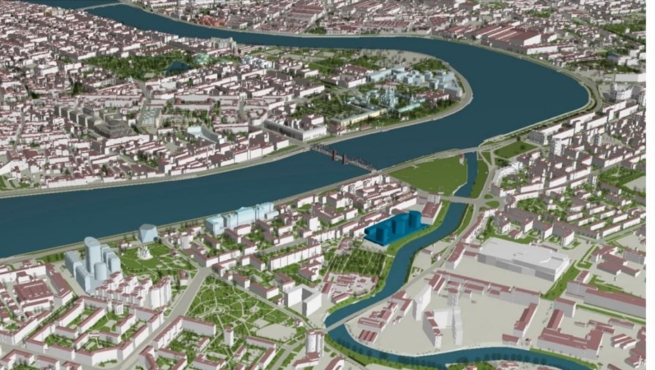    Три высотки (отмечены синим цветом), которые предлагается построить на берегу реки Охты в Петербурге. Автор фото: СПб ГКУ "НИПЦ Генерального плана Санкт-Петербурга"