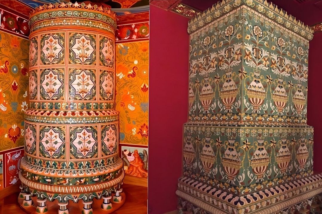 Печи в царском дворце села Коломенское. Слева - круглая печь на женской половине. Справа - на мужской. Взято из поиска Яндекса.