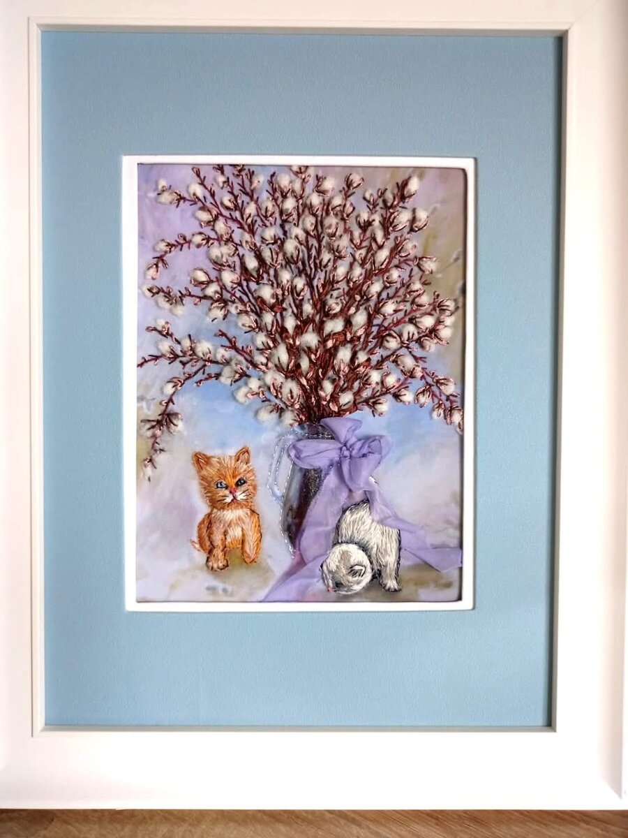 Картина " Приход весны. Верба и котята ". Вышивка лентами. 