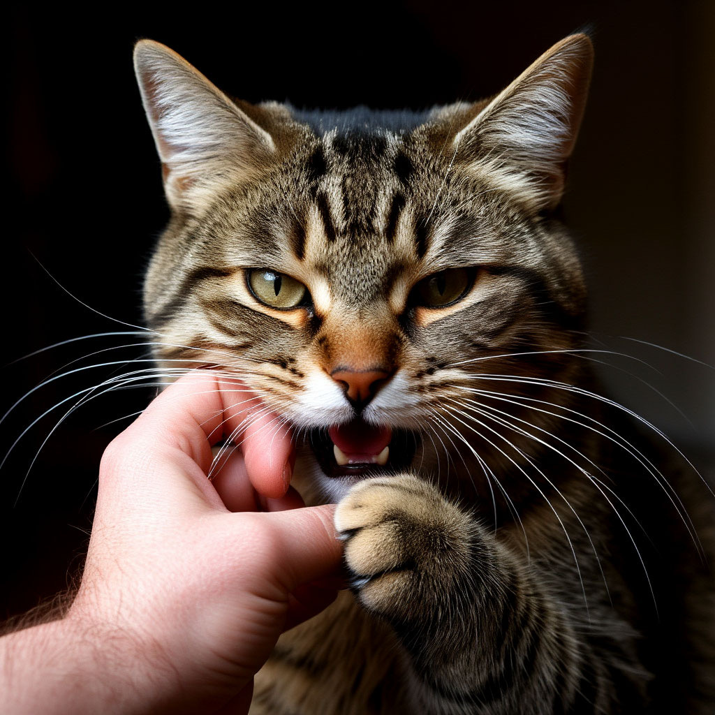 Кот кусает руку