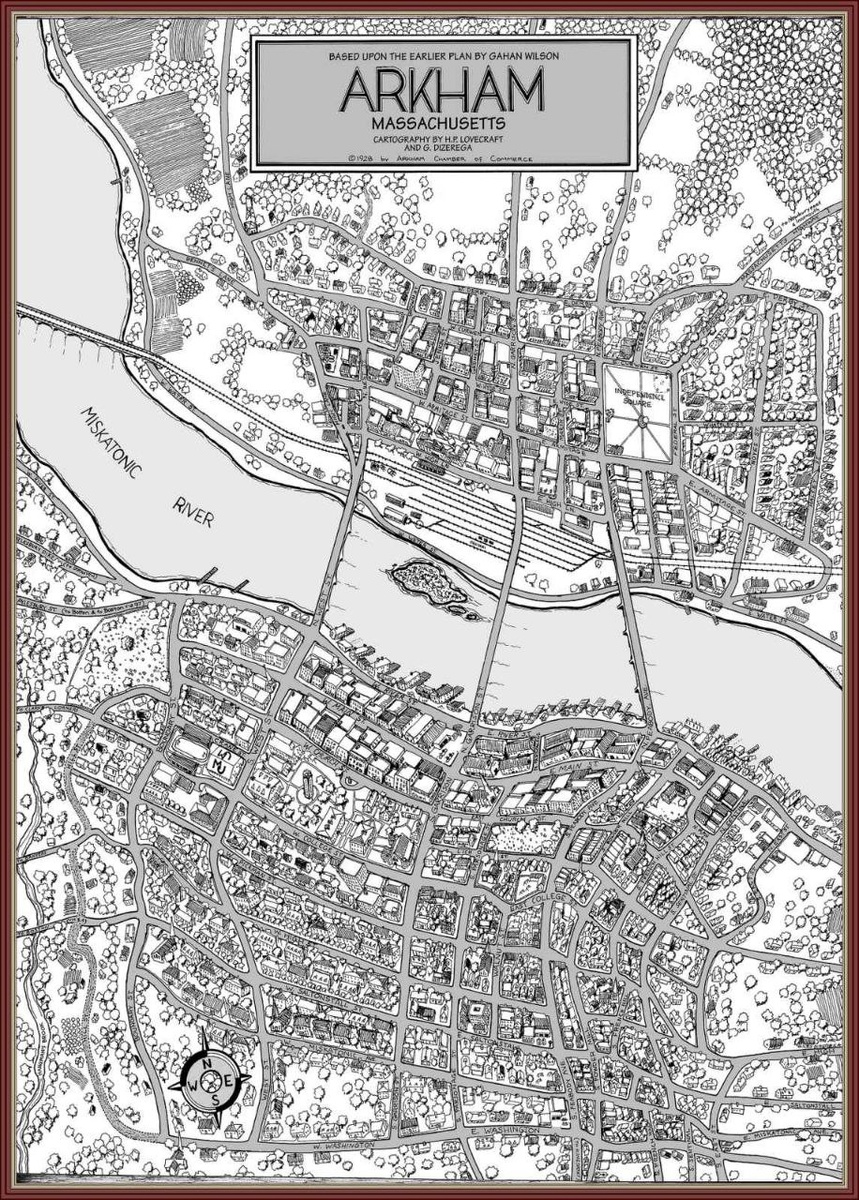 На рисунке представлена карта Аркхема, авторы изображения указаны в рамке наверху.