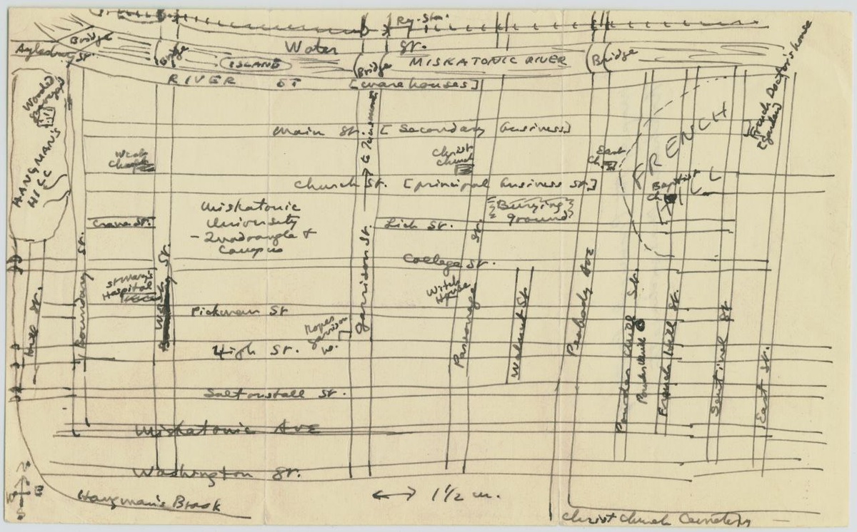 Набросок карты Аркхема, сделанный Лавкрафтом