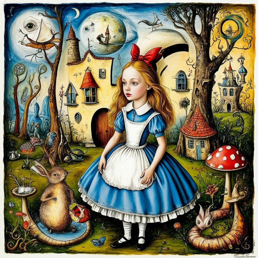Картина, которую нарисовал Яндекс Шедеврум на компьютере по запросу нарисуй Алису в стране чудес по аналогии с Сальвадором Дали"