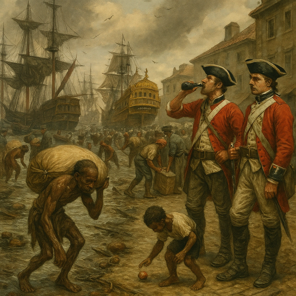 - Солдаты в красных мундирах пьют ром из горлышка (им платят раз в год — если не умрут);