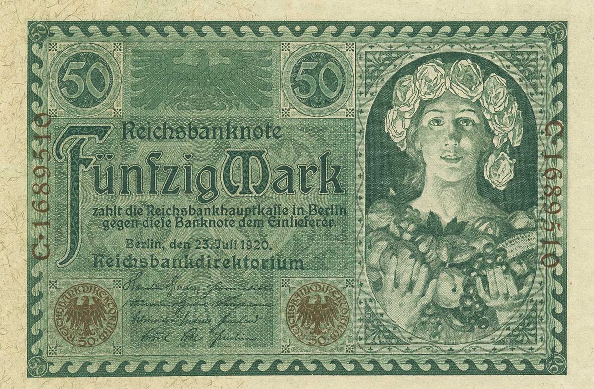 Банкнота Рейхсбанка в 50 марок 1920 года по проекту Артура Кампфа (аверс)