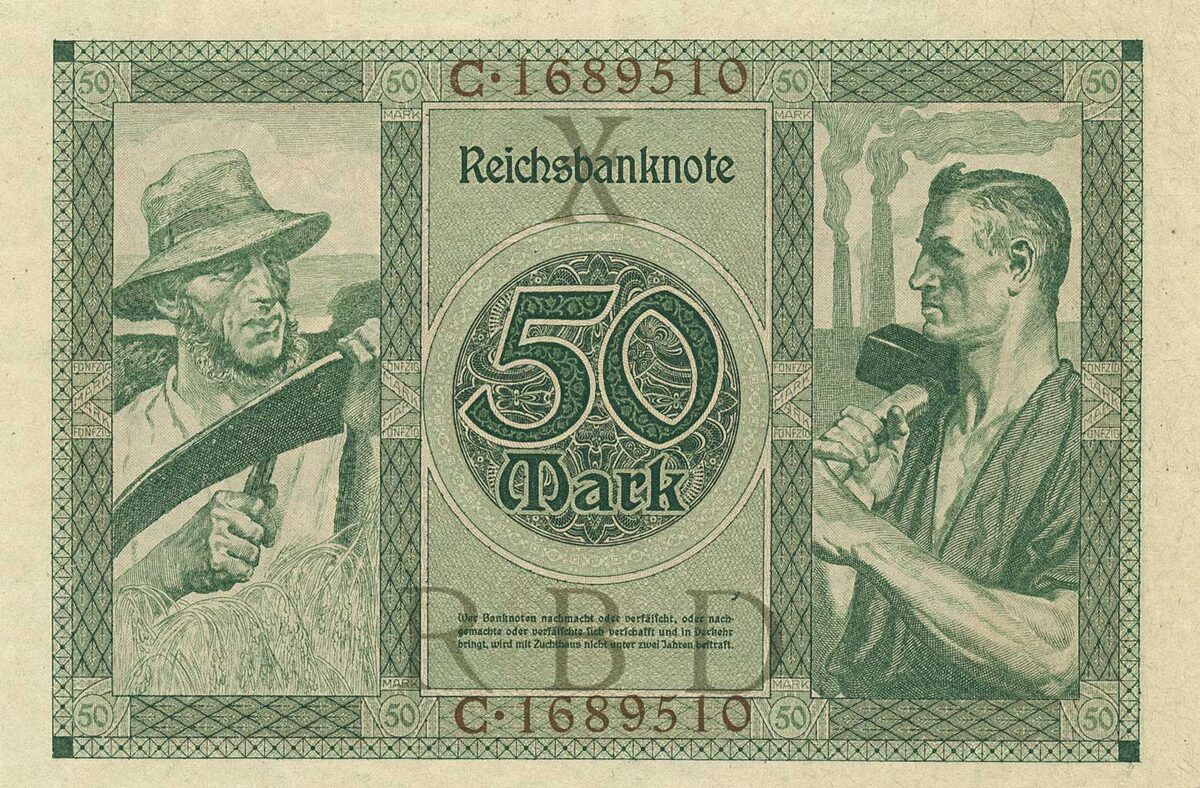 Банкнота Рейхсбанка в 50 марок 1920 года по проекту Артура Кампфа (реверс)