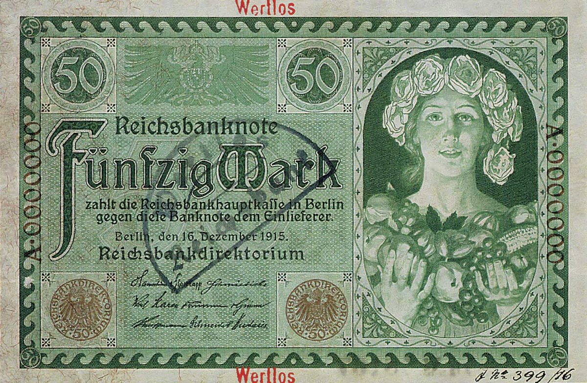 Банкнота Рейхсбанка в 50 марок по проекту Артура Кампфа (не выпущенная в виду наличия Имперского герба)