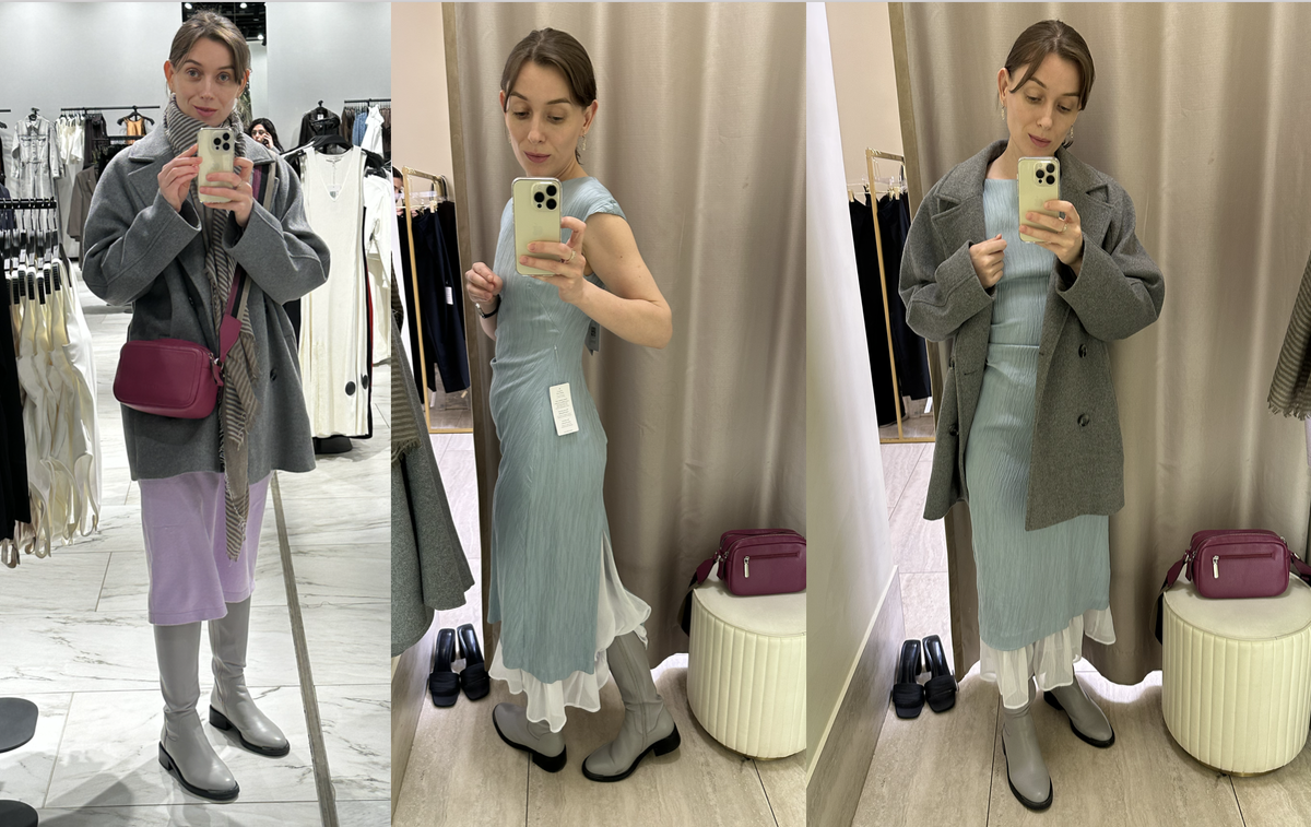 Слева: как я приехала в магазин. Справа: нашла платье, которое мне понравилось, и сразу стало ясно, что его можно носить хоть сейчас же - по удобству "рамка" из верхней одежды, сумки и сапог уже подходит, можно даже не переодеваться. День платьев удался! 