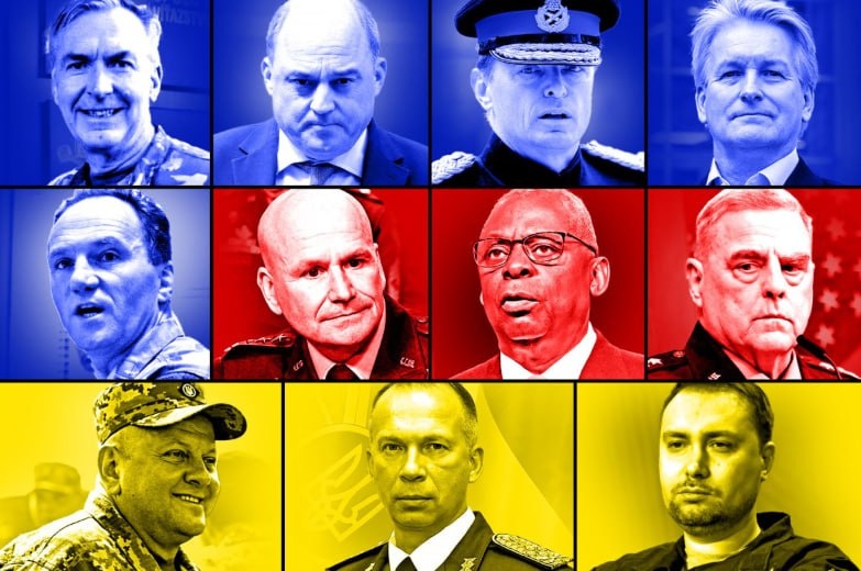 Ключевые игроки (фото). Британцы (слева направо): Тони Радакин, Бен Уоллес, Роли Уокер, Джим Хокенхалл и Чарли Стикленд; американцы: Кристофер Каволи, Ллойд Остин и Марк Милли; и украинцы: Валерий Залужный, Александр Сырский и Кирилл Буданов.