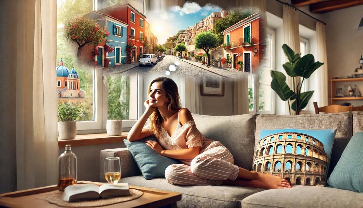 Лена сидит на диване и мечтает об отпуске в солнечной Италии
