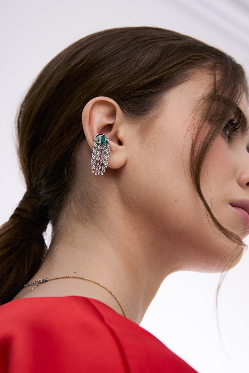 Серебряная серьга-кафф "Rain" с зеленым агатом