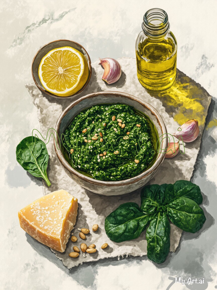 Визуал к рецепту «Шпинатный песто», при помощи ИИ