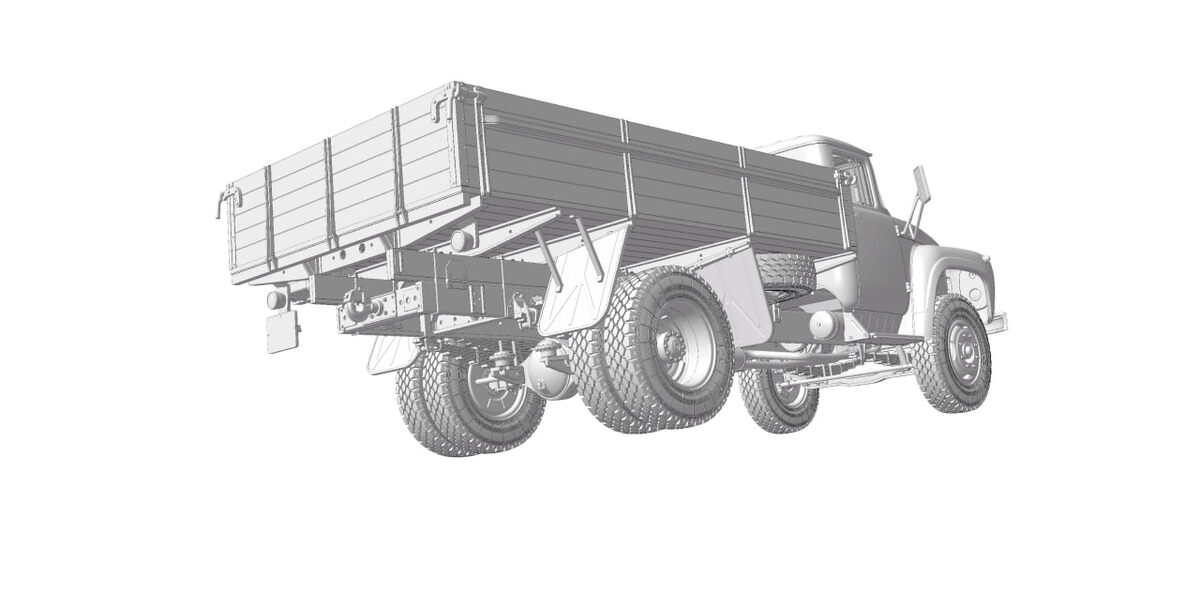 Компьютерные рендеры будущей модели советского среднетоннажного грузовика ЗИЛ-130. Производитель "Звезда", масштаб 1/35. (Листайте вправо, чтобы увидеть больше ->) 