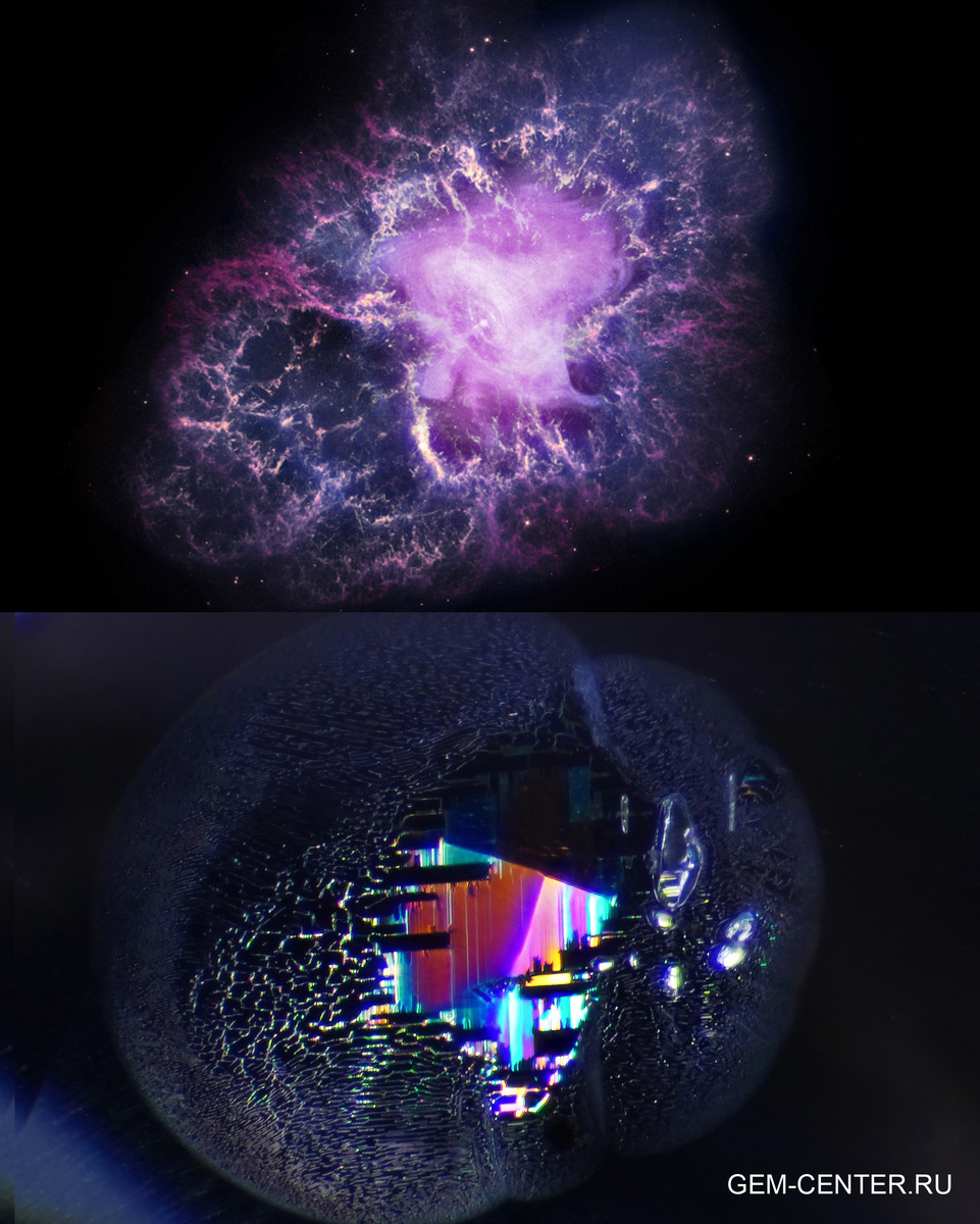 Радужная трещина в природном сапфире 