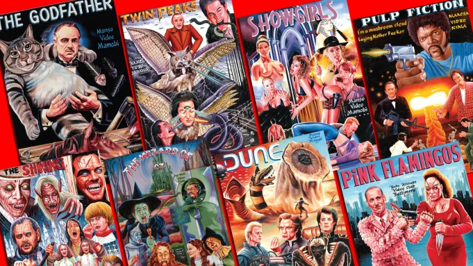 По часовой стрелке, начиная с верхнего левого угла: «Крестный отец», «Твин Пикс», «Шоугёлз», «Криминальное чтиво», «Розовые фламинго», «Дюна», «Волшебник страны Оз» и «Сияние»