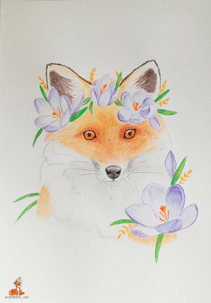 Лисичка в венке из крокусов, на арт-челлендж "Весенний венец"