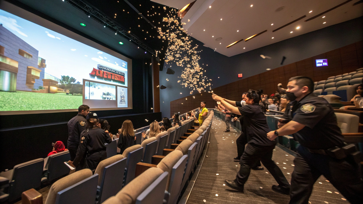    Зрители Minecraft кидают попкорн в экран в кинотеатре