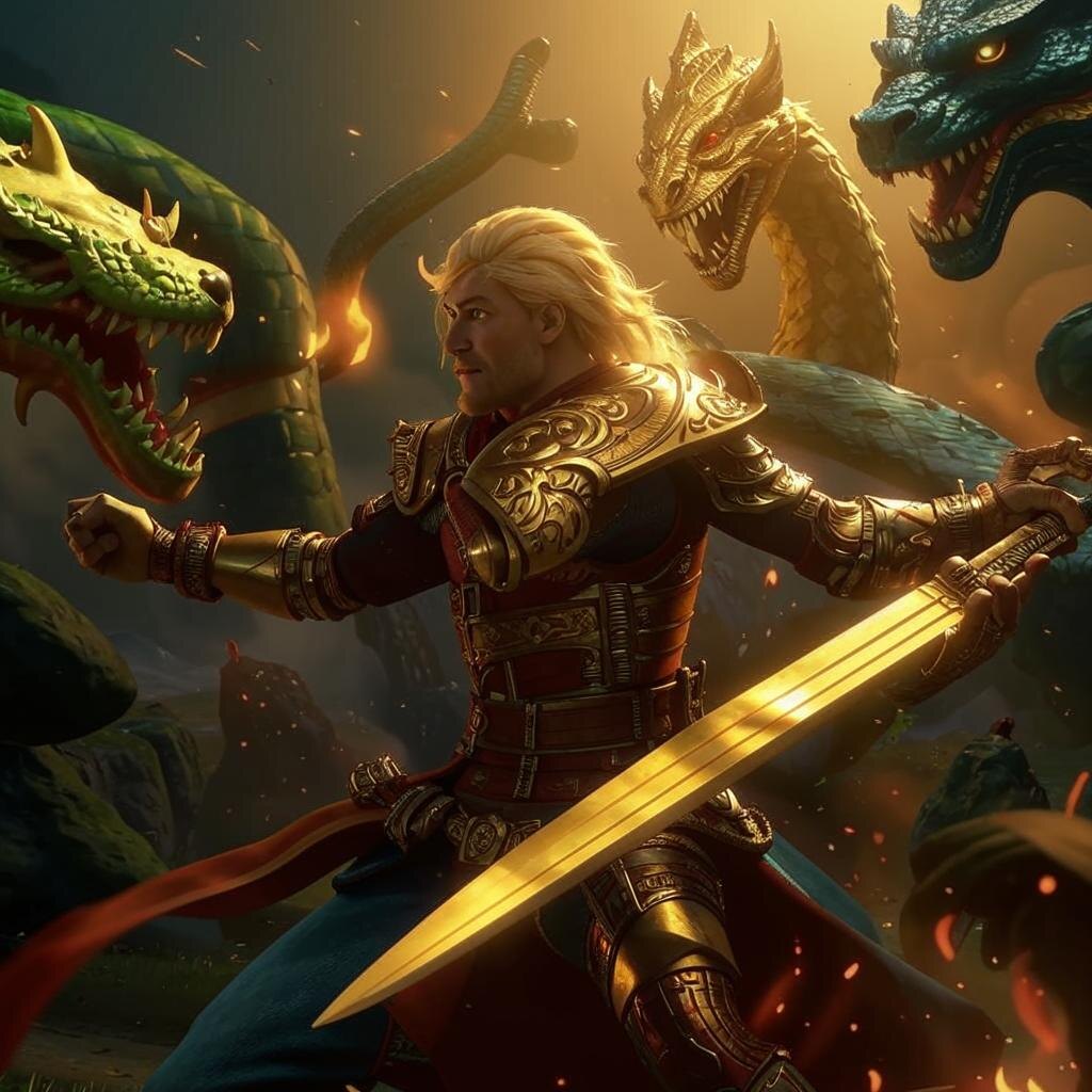 Царевич сражается с трёхголовым змеем от Kandinsky by Sber AI