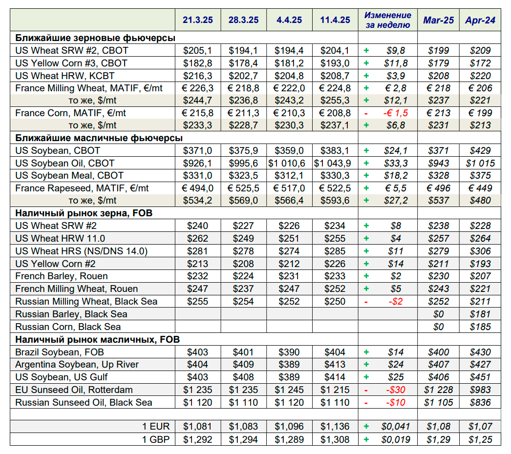 Ближайшие зерновые и масличные фьючерсы, наличный рынок зерна и масличных FOB 11.04.2025