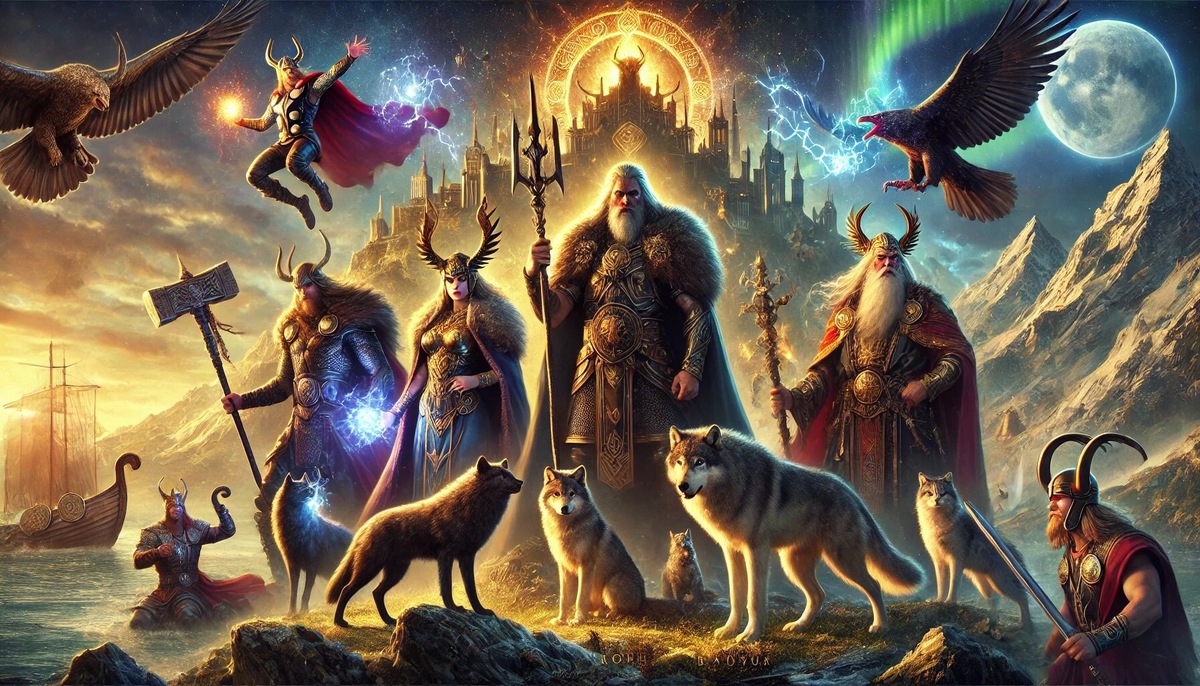 Изображение с богами викингов наполнено мифическим величием и атмосферой Асгарда