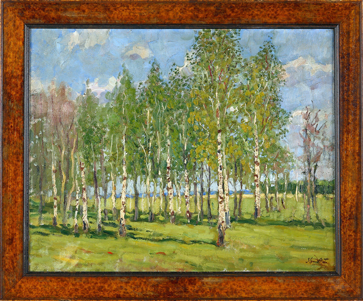 Березовая роща. Подмосковная весна, 1956 г., материалы: холст, масло, размеры: 53,3 × 67,5 см. Источник:  https://egorovs.art/