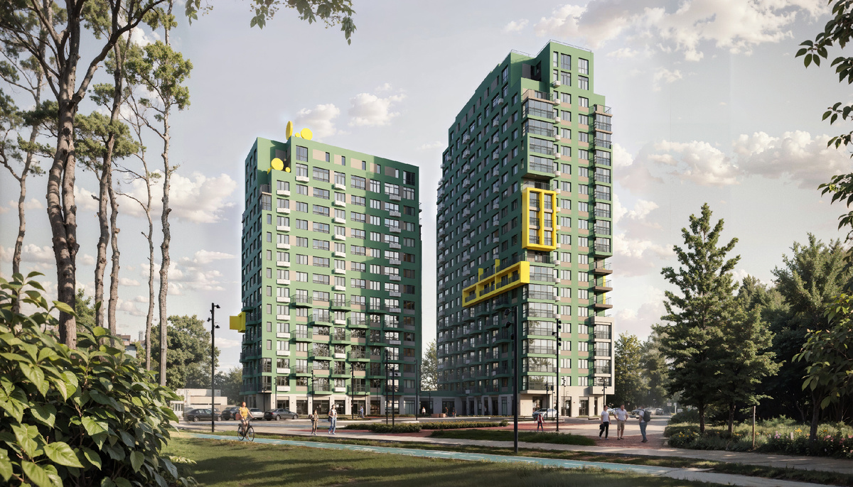 ЖК «Приятное окружение». Фасады выдержаны в природном цвете, гармонично вписываясь в окружающий ландшафт