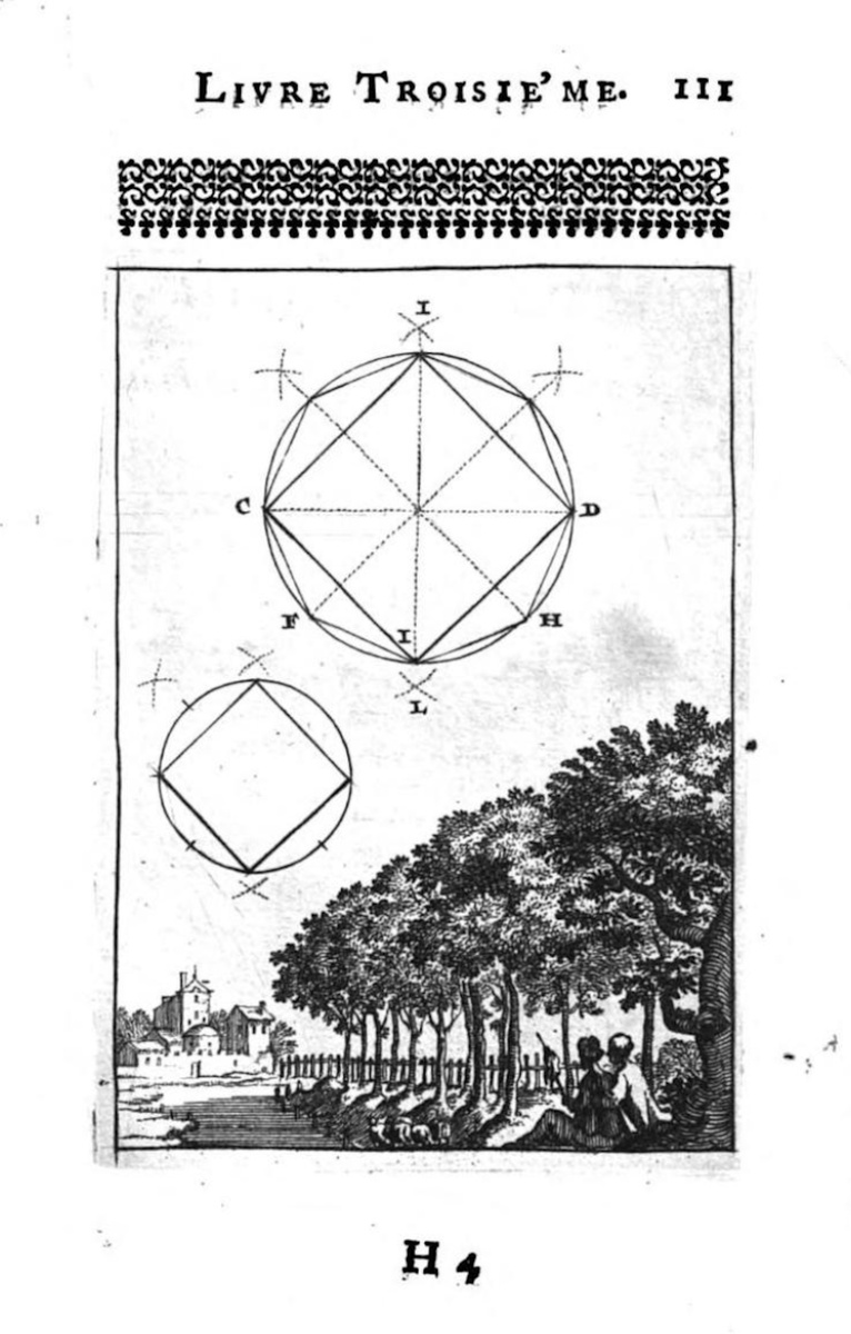 Себастьян Леклерк. Квадрат и восьмиугольник, вписанные в круги.
Иллюстрация из «Практики геометрии на бумаге и на местности, с новым
порядком и особым методом», 1691.
Источник: https://archive.org/details/bub_gb_-VE6IP8e26oC/page/n119/
mode/2up?view=theater