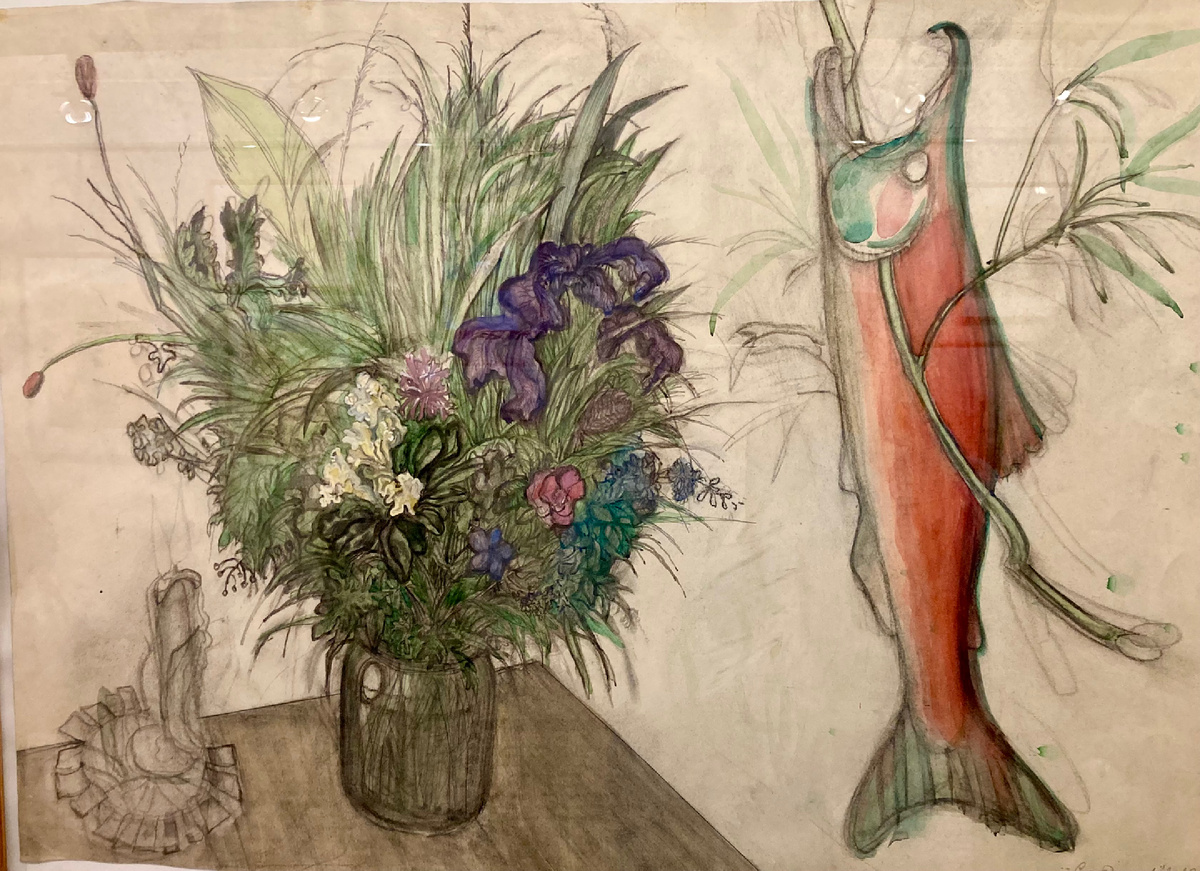 Натюрморт с рыбой , акварель, карандаш