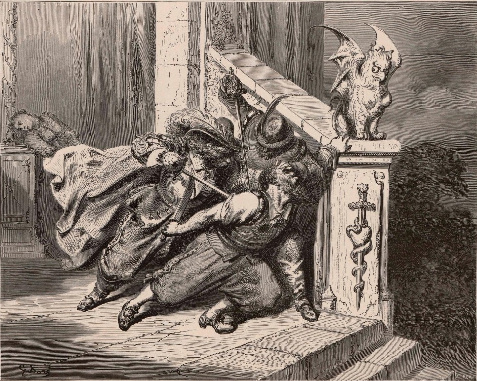 У Доре точно не конный егерь, а мушкетер. Крыльцо есть, лыжи отсуствуют. По всей видимости художнику не предлагали делать новые рисунки для русского издания.