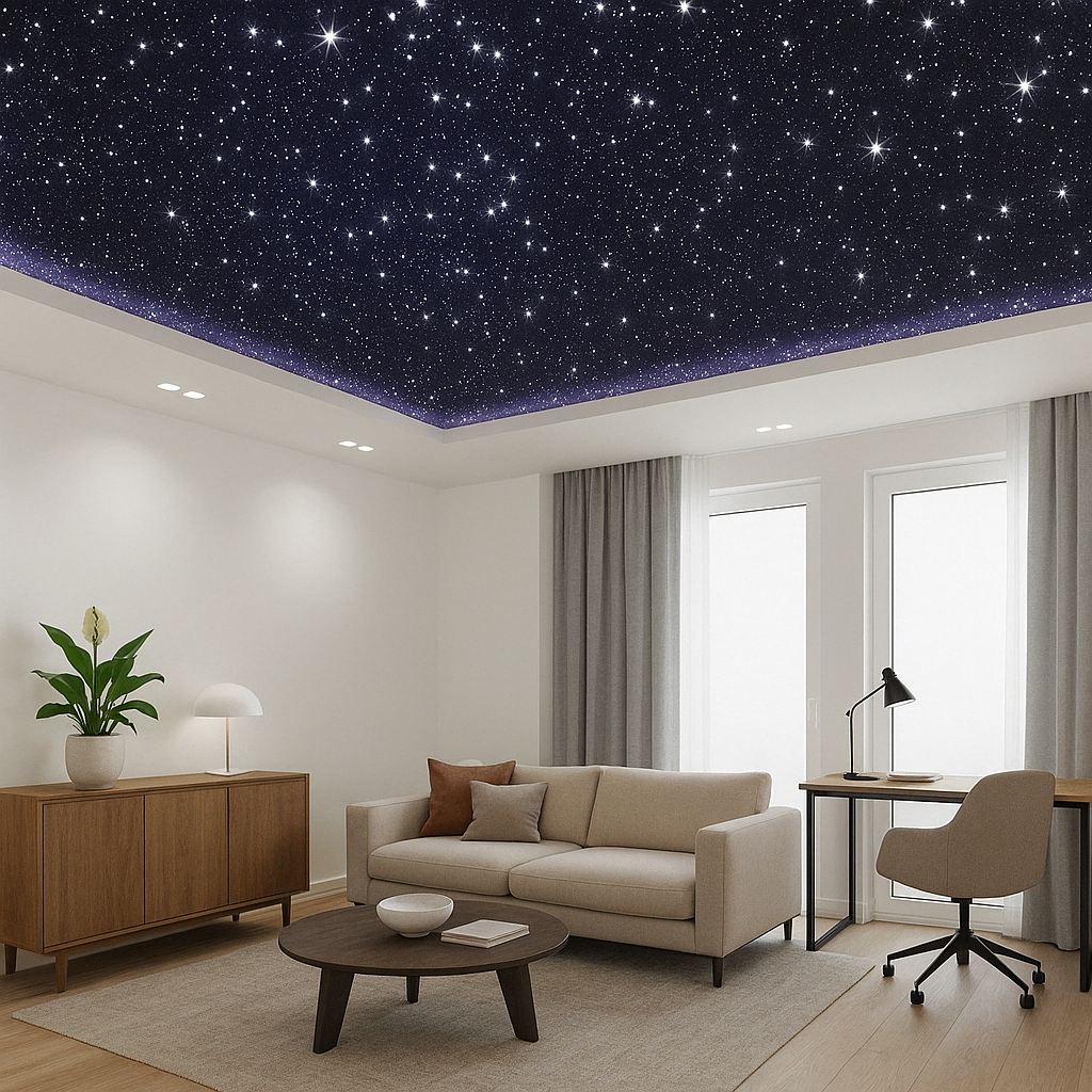 Натяжной потолок в виде звездного неба с применением оптоволокна