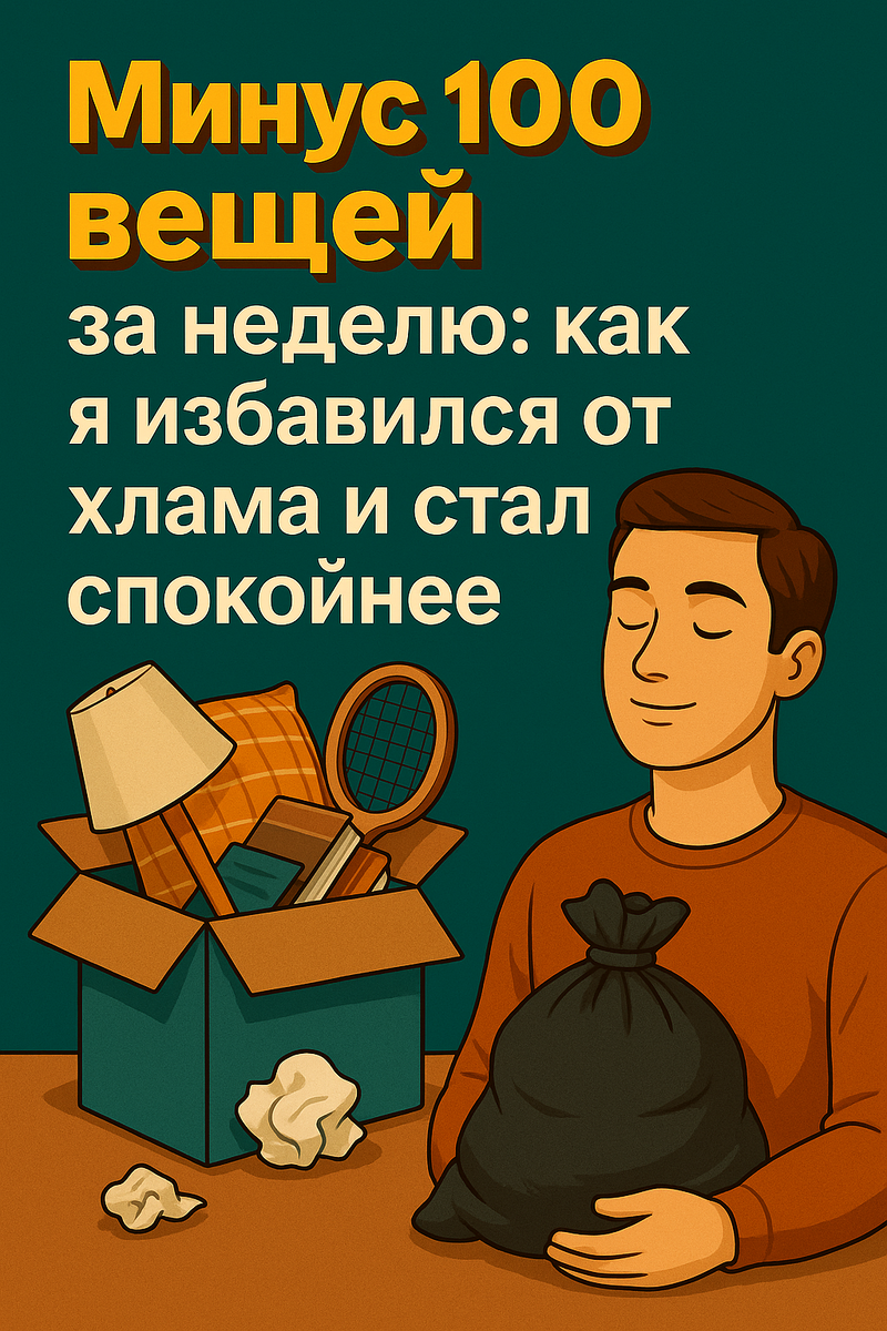 💬 Вступление:
Мы не замечаем, сколько ненужного вокруг. И только начав выбрасывать, понимаем, как это давит. Я решил — 100 вещей за 7 дней. И вот, что изменилось.

🔄 День 1. Одежда
Честно: носил за год?

Нет — отдаю / продаю

Бонус: свободный шкаф = порядок в голове

📌 Инструмент: правило «3 секунд». Если сомневаешься дольше — выбрасывай.

🍽️ День 2. Кухня
Сколько кружек тебе нужно?

3 сковородки с разной ручкой — зачем?

Просроченные крупы, специи — выброс

📌 Плюс: меньше мыть, легче найти, чище полки.

📄 День 3. Документы
Сканируй → в облако → оригинал в папку или мусор

Удостоверения, гарантии, чеки — просроченные? Удаляй

📌 Результат: всё в одном месте, в телефоне, доступ 24/7.

📱 День 4. Цифровой хлам
Удали дубли фото

Отпишись от ненужных рассылок

Почисти папку «Загрузки»

📌 Меньше шума — быстрее работает техника, ты меньше отвлекаешься.

📦 День 5–7. Общие вещи
Подарки, которые не радуют

Хлам из балкона, кладовки, ящиков

“А вдруг пригодится” — не пригодится

📌 Продай на Авито — получишь +2 000–5 000₽ заодно.

📌 Итог:
Чем меньше вокруг лишнего — тем спокойнее внутри. Это не уборка. Это ментальный детокс.

