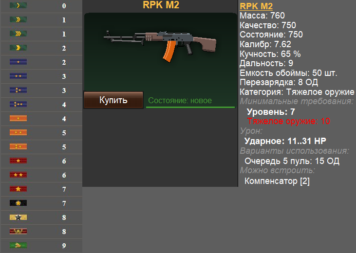 Характеристики РПК и понижение од за счет звания