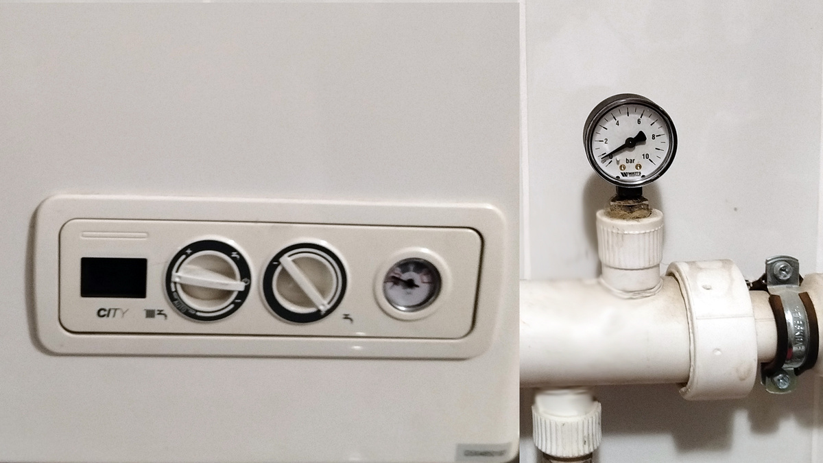 Манометр на котле и дополнительный манометр. Фото автора.