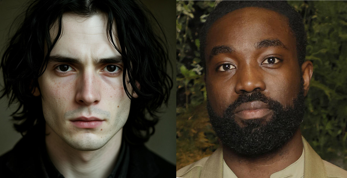 Слева: картинка, созданная Шедеврумом по описанию "худой мужчина лет тридцати с бледной кожей, крючковатым носом, черными волосами, черными глазами и тонкими губами". Справа: актер Паапа Эссьеду. 