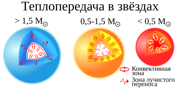 Строение звёзд главной последовательности различных масс.