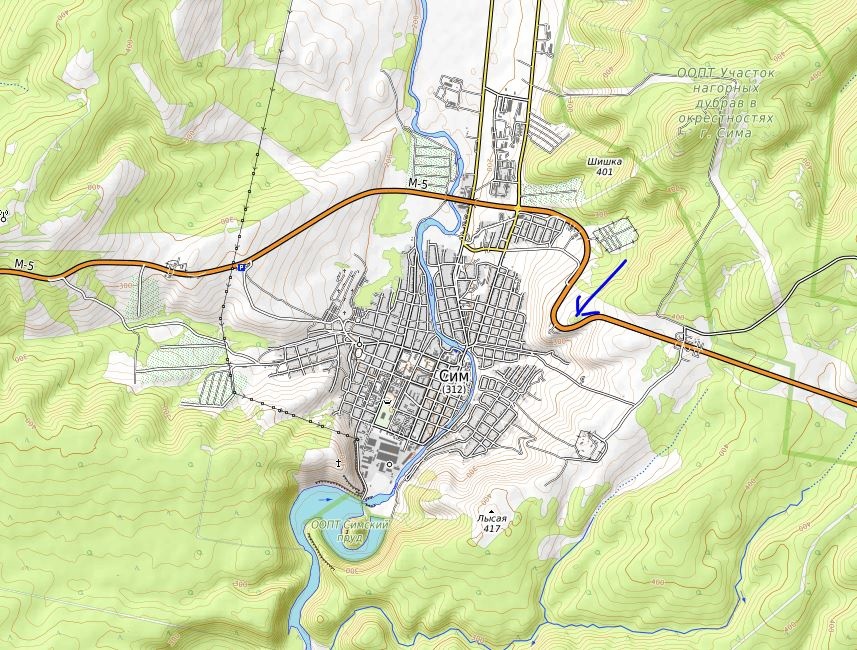 Карта местности. Стрелкой указана смотровая точка