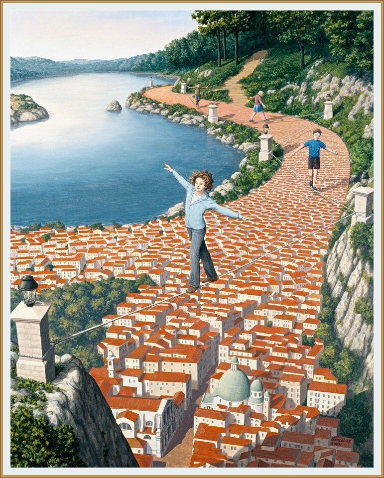 КАРТИНА ХУДОЖНИКА РОБА ГОНСАЛВЕСА / ROB GONSALVES " ПЕРВЫЕ ШАГИ АКРОБАТОВ "