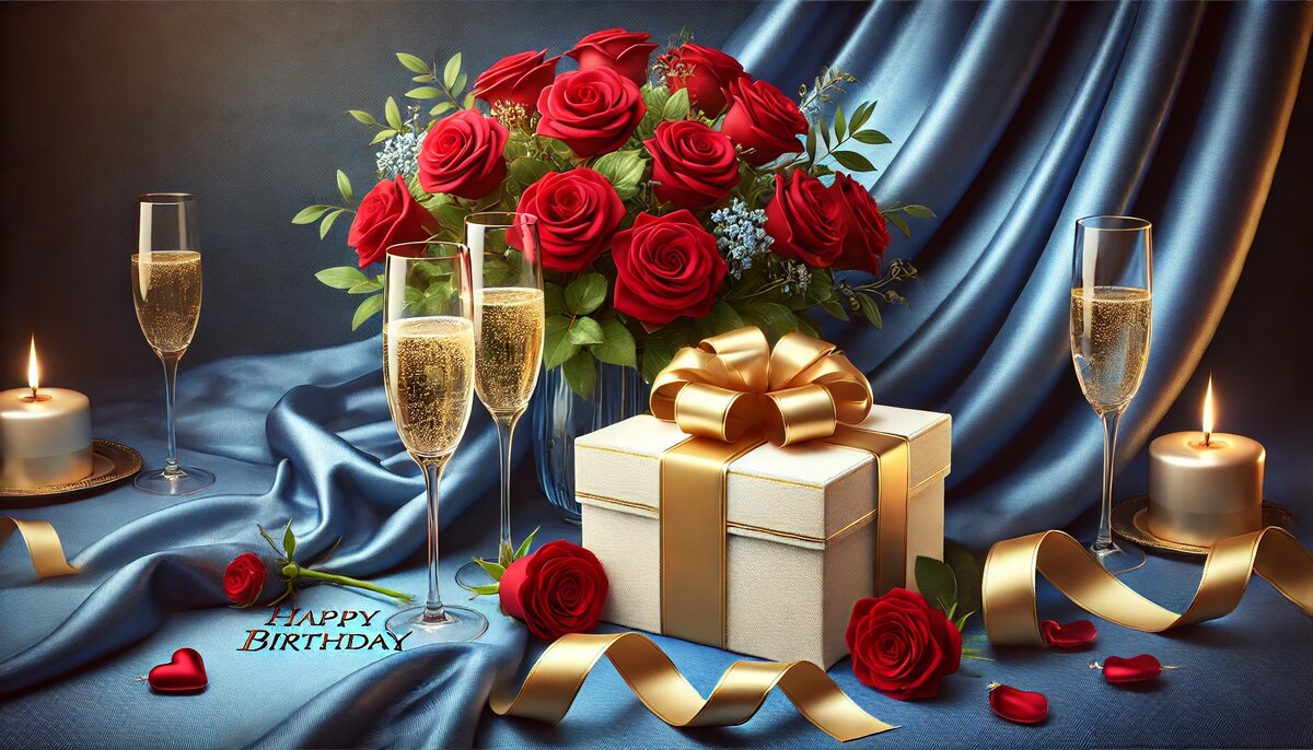 Праздничный натюрморт с букетом красных роз, бокалами шампанского и подарочной коробкой на фоне синего шелка