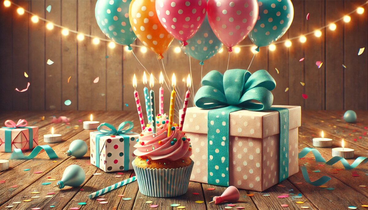 Праздничный стол с капкейками, подарками в горошек с лентами и разноцветными воздушными шарами на фоне деревянной стены и рассыпавшегося конфетти