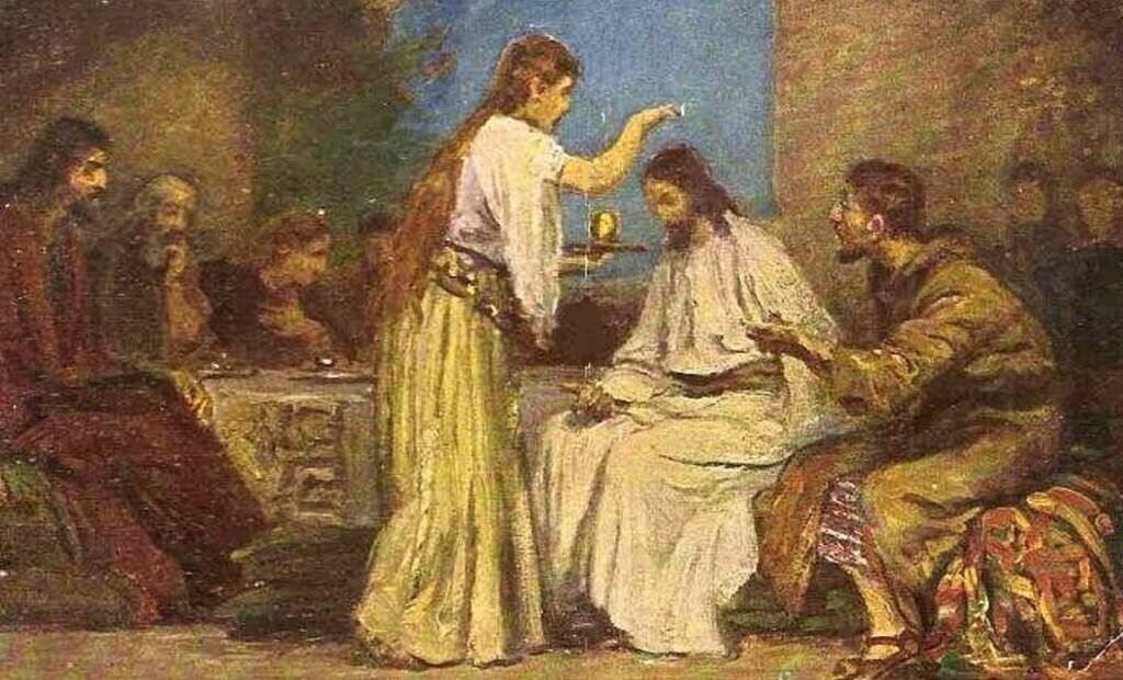 Женщина возливает миро на главу Христа. Изображение из открытых источников.