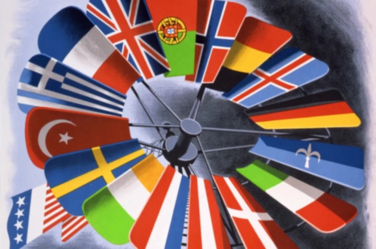    Плакат, посвящённый плану Маршалла: «Какова бы ни была погода, только вместе мы достигнем благосостояния».