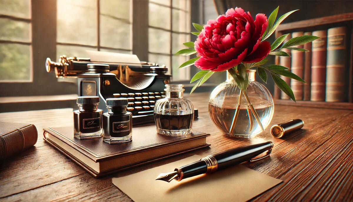 Письменный стол с чернилами, книгами, красной розой и перьевой ручкой — тёплая атмосфера для короткого поздравления другу