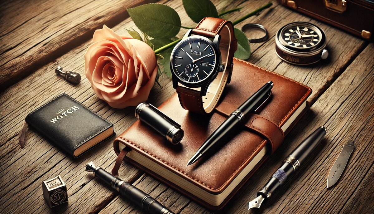 Часы с кожаным ремешком, блокнот, ручка и роза на деревянном столе — стильная композиция для искреннего поздравления другу