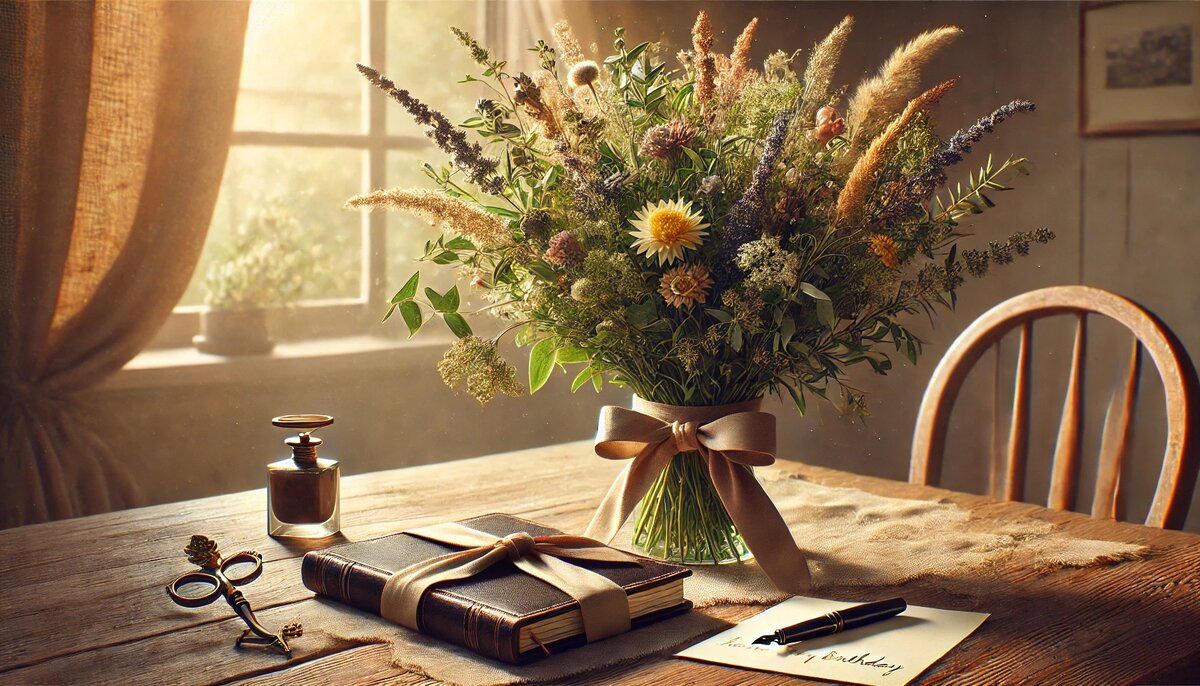 Письменный стол с цветами, перьевой ручкой и запиской у окна — торжественная композиция для тёплого поздравления папе от сына или дочери