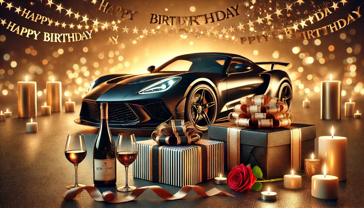Чёрный спорткар, свечи, подарки, вино и роза — душевный и спокойный образ для искреннего поздравления отцу