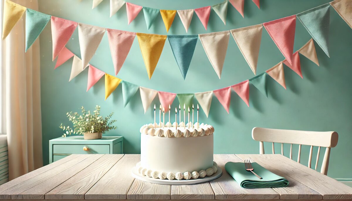 Белый торт с кремом и свечами на деревянном столе, фон с гирляндами — светлая сцена для поздравления коллеге