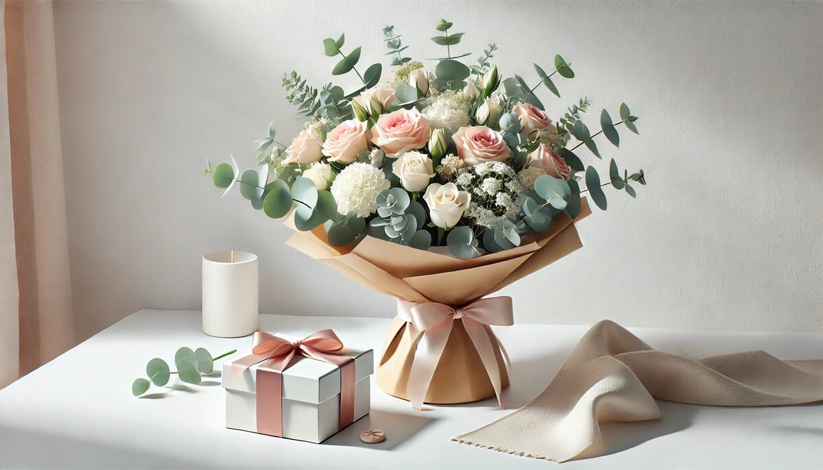 Цветы в крафтовой бумаге, коробка с лентой и свеча на белом столе — элегантная сцена для официального поздравления сотруднику