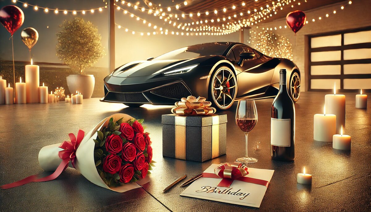 Букет красных роз, свечи, подарки, бокал вина и спортивный автомобиль на фоне гирлянд — яркая сцена для эффектного поздравления с Днём Рождения